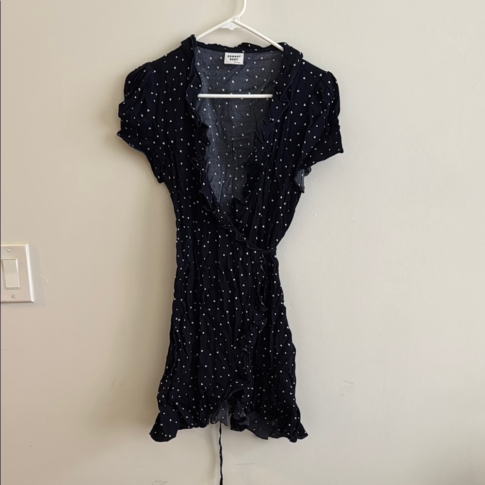 Aritzia Navy Polka Dot Wrap Dress